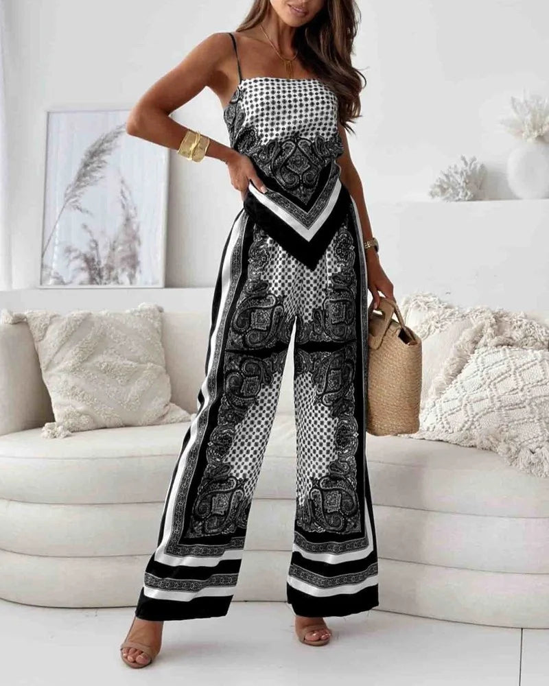 Alya | Completo due pezzi elegante con gilet e pantaloni stampati con lacci