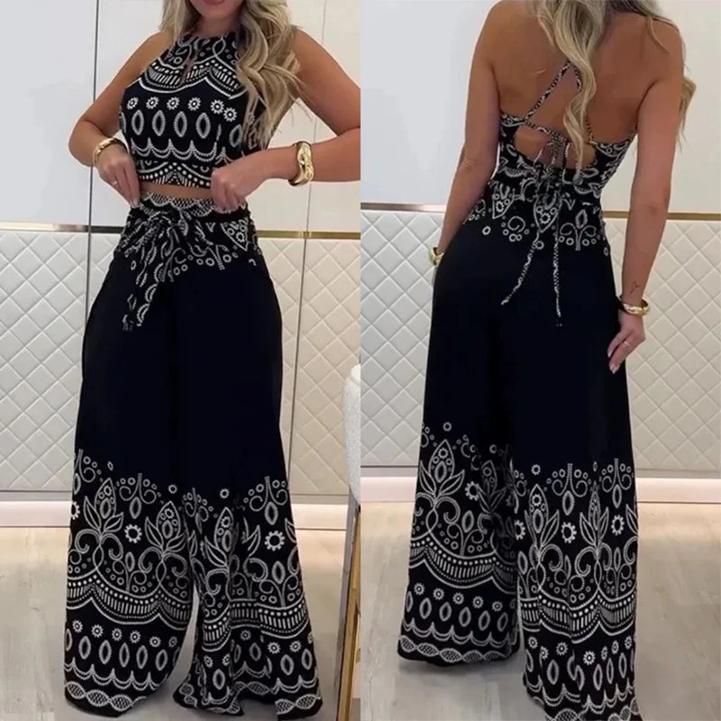Ouad | Completo rétro chic con top etnico a schiena scoperta e pantaloni ampi